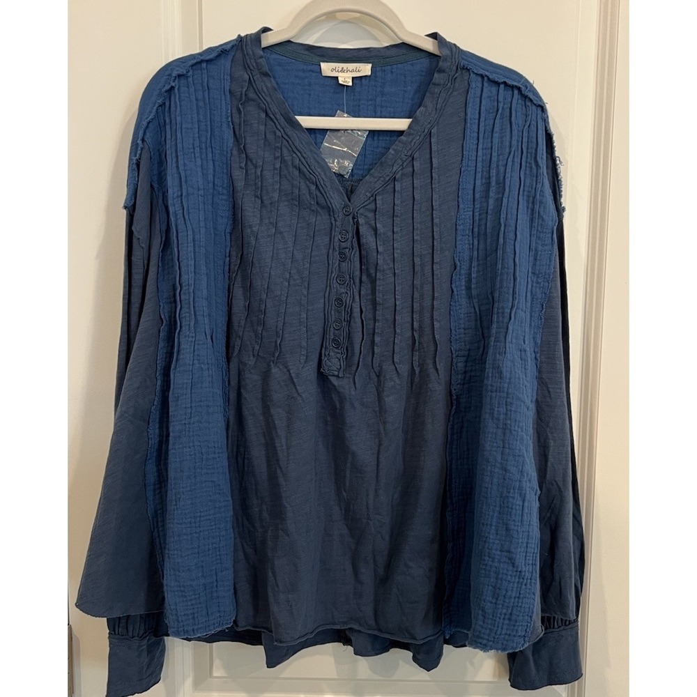 NEW Oli & Hali Tunic Shirt Womens Size L Boho Chic Textured Button Up Cotton